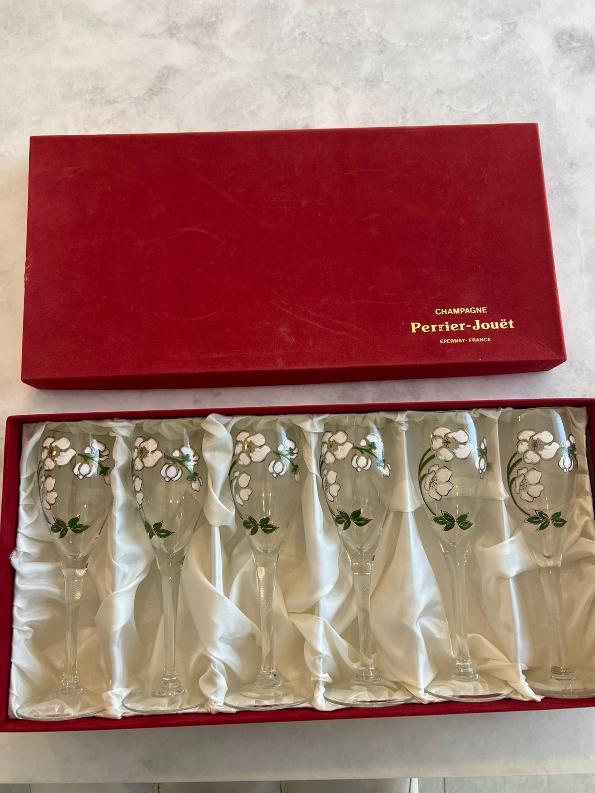 Perrier Jouet Champagne Flutes glasses set of 6 Belle Epoque Pink Gold Flowers
