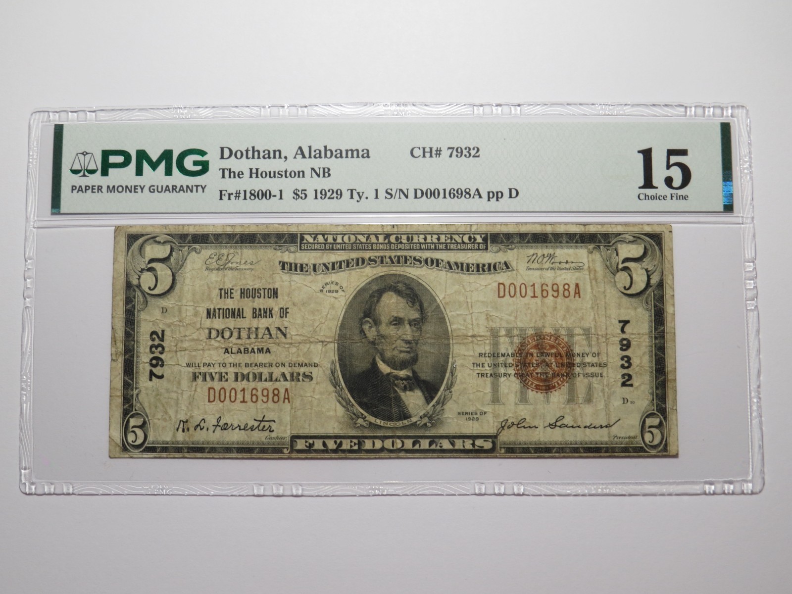 $5 1929 Dothan Alabama AL National Currency Bank Note Bill Ch. #7932 F15 PMG $5 1929 Dothan Alabama AL National Currency Bank Note Bill Ch. #7932 F15 PMG