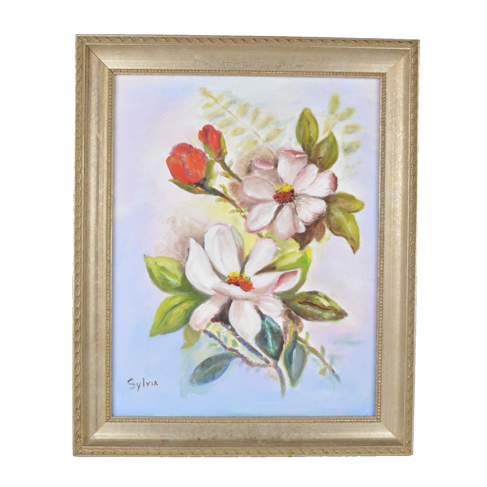 Vintage Magnolia Oil Painting Original Framed Floral Canvas Signed Sylvia 11x14 Vintage Magnolia Oil Painting Original Framed Floral Canvas Signed Sylvia 11x14