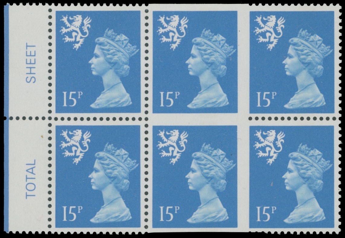 1989, GREAT BRITAIN-SCOTLAND, MACHIN ERROR 15P PARTLY IMPERF BLOCK OF 6, SG#S56a
