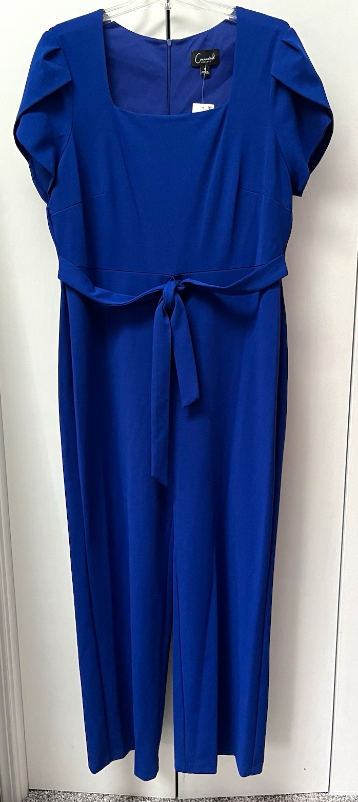 Connected Apparel Blue Square Neck Belted Jumpsuit Sz 16 Cap Sleeve Zip back