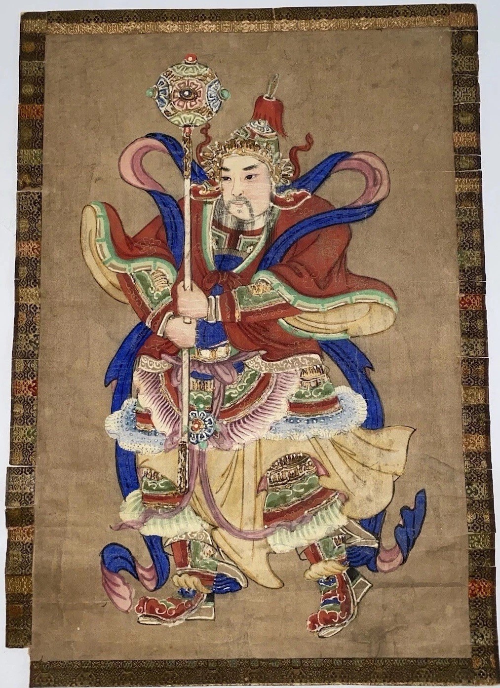 Antique Chinese Qing Dynasty Silk Painting Guardian Deity w Brocade Border 