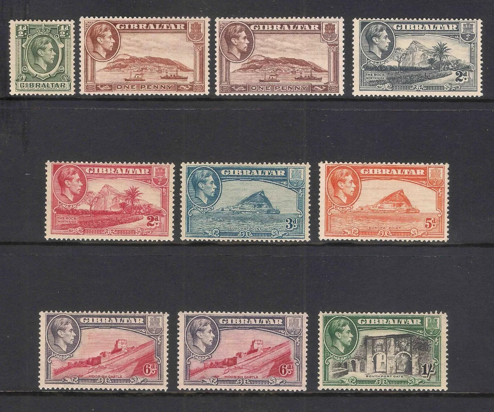 Gibraltar 1938-51 sg121-127b Part Set Of 10 With Shades To 1s Mint Hinged B134