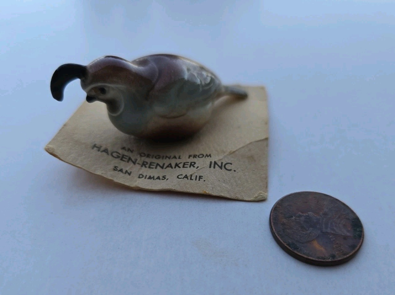 Vintage Hagen Renaker Mini Quail w Topknot Original Card San Dimas California