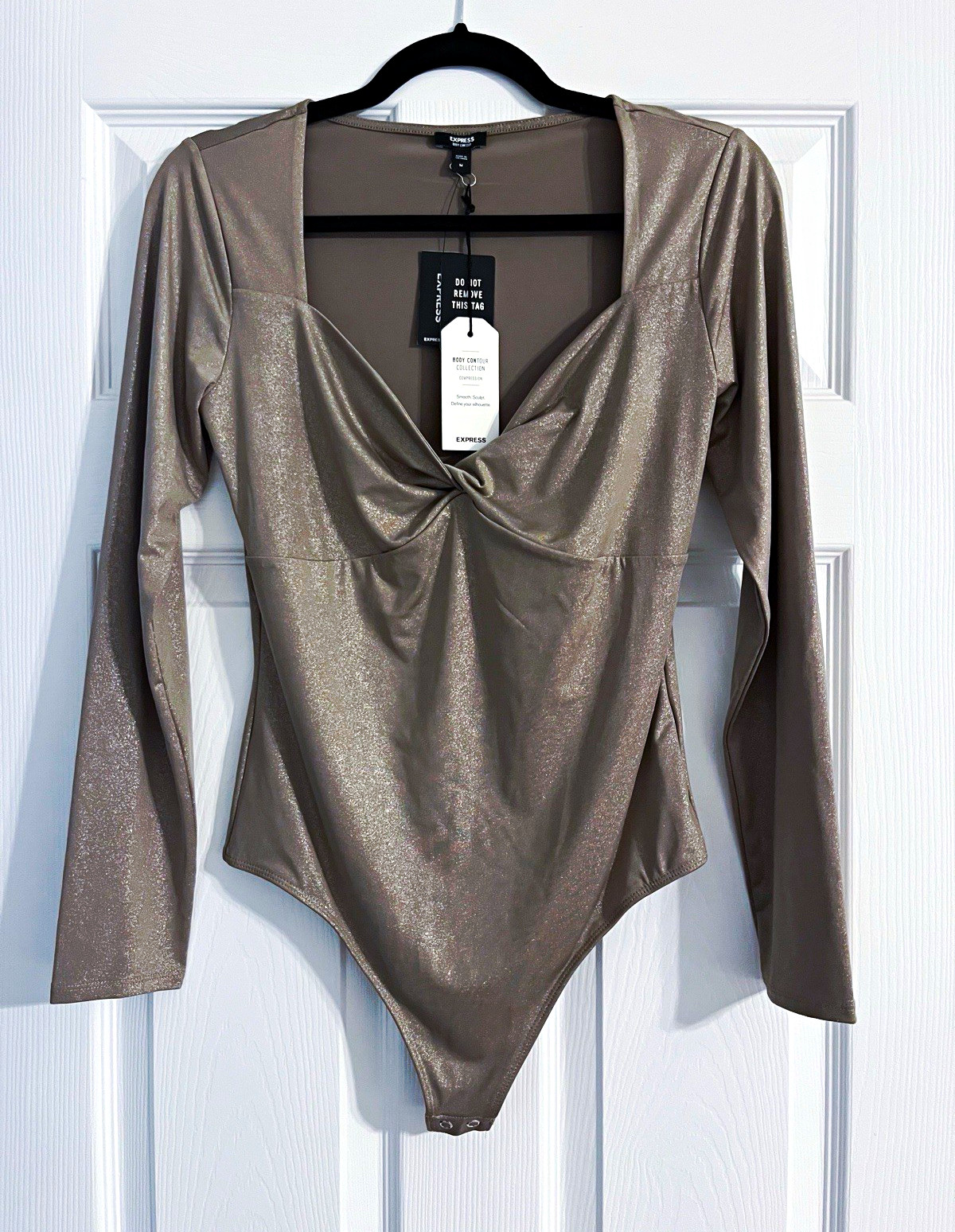 Express Body Contour Compression Twist Front Long Sleeve Bodysuit M Gold Shimmer Express Body Contour Compression Twist Front Long Sleeve Bodysuit M Gold Shimmer