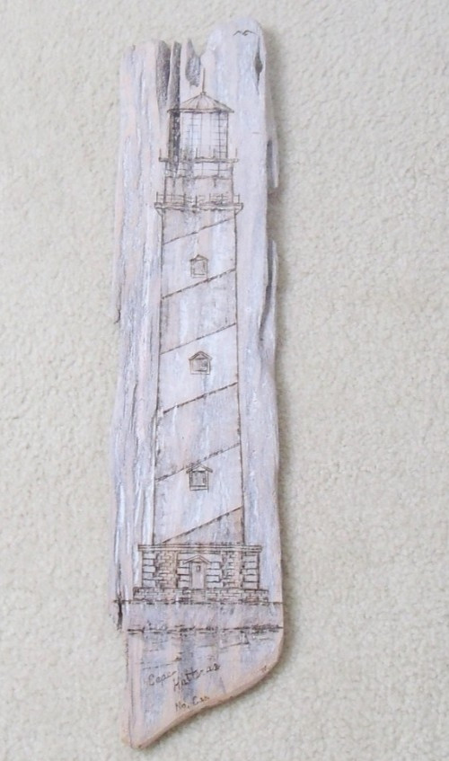 Cape Hatteras NC lighthouse engraving on drift wood 22 inches tall wall hanging