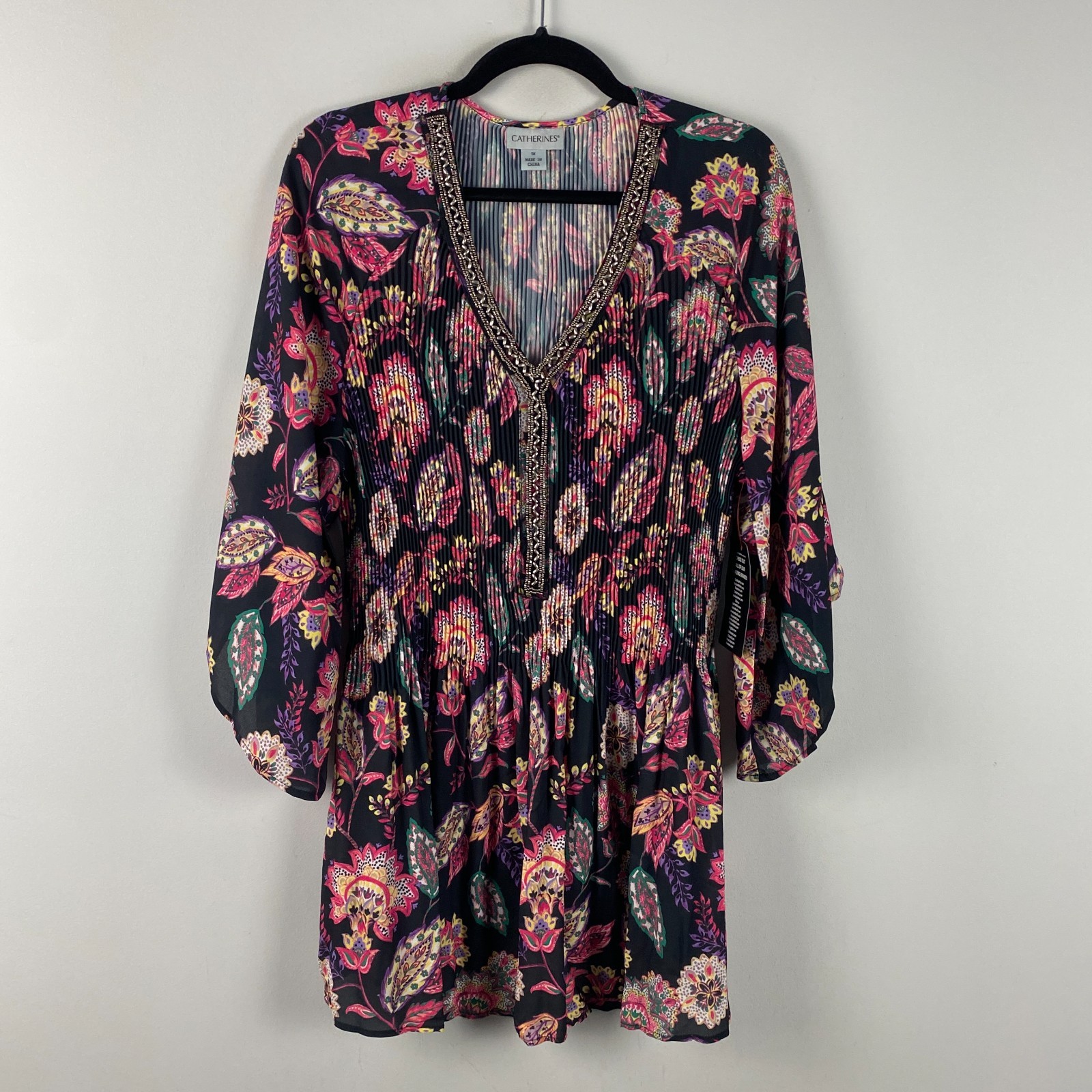 Catherines Pleated 3/4 Bell Sleeve Tunic Size 1X Embellished Black Floral