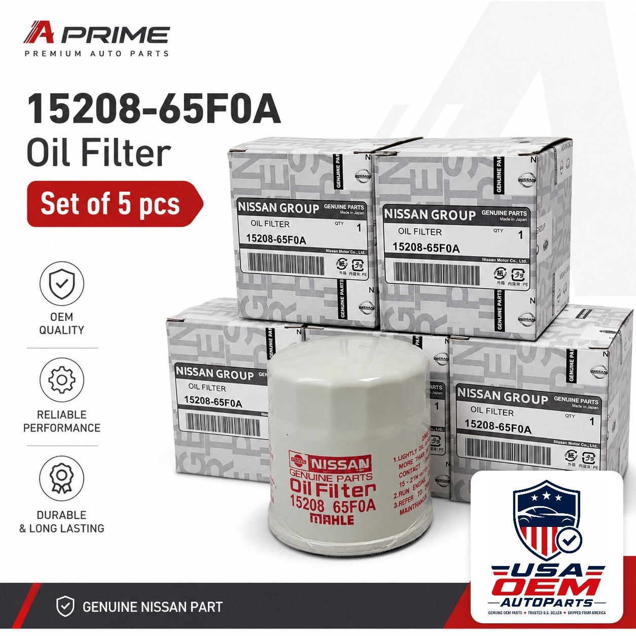 NEW Set of 5 pcs Genuine 15208-65F0A Engine Oil Filter for Nissan Infiniti