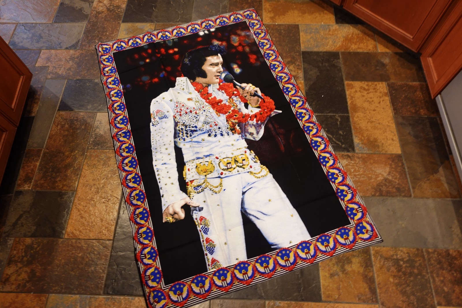 Vintage Elvis Presley Large COTTON Velour Wall Hanging   JUMPSUIT and HAWAII LEI