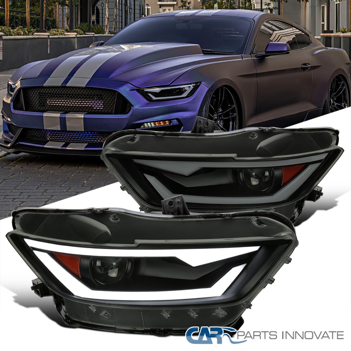 Fit 2015-2020 Ford Mustang HID Type Projector Headlights Dynamic LED Strip Smoke