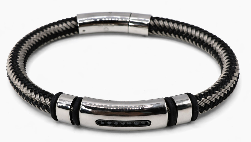 Macy’s Men\'s Black & Silver Braided Bracelet Stainless Steel Black Stones