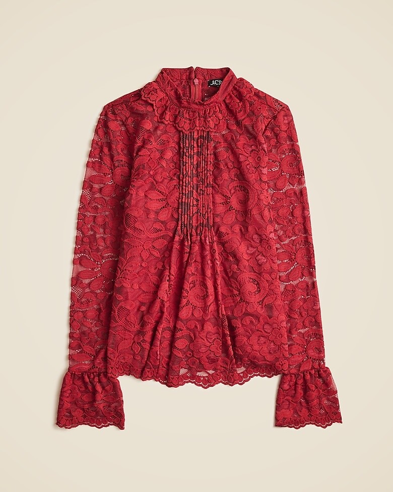 NWT J CREW Berry Red Sangria Lace Mockneck  Pleated Ruffle Top Sz 8
