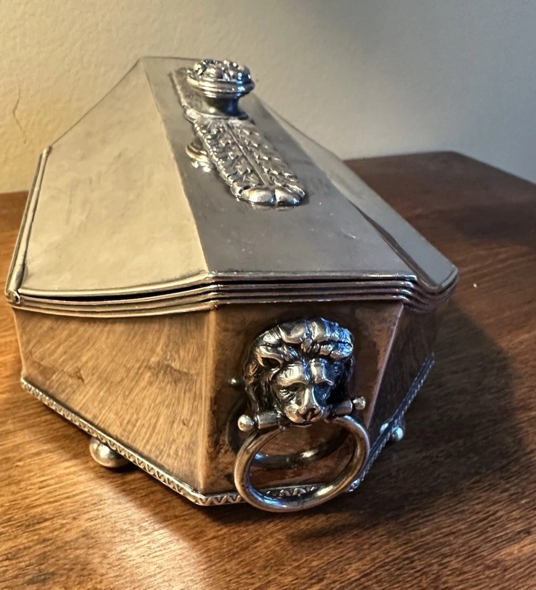 Antique Victorian 19th c. Sheffield Silver Plate Double Inkwell Sarcophagus Lid Antique Victorian 19th c. Sheffield Silver Plate Double Inkwell Sarcophagus Lid