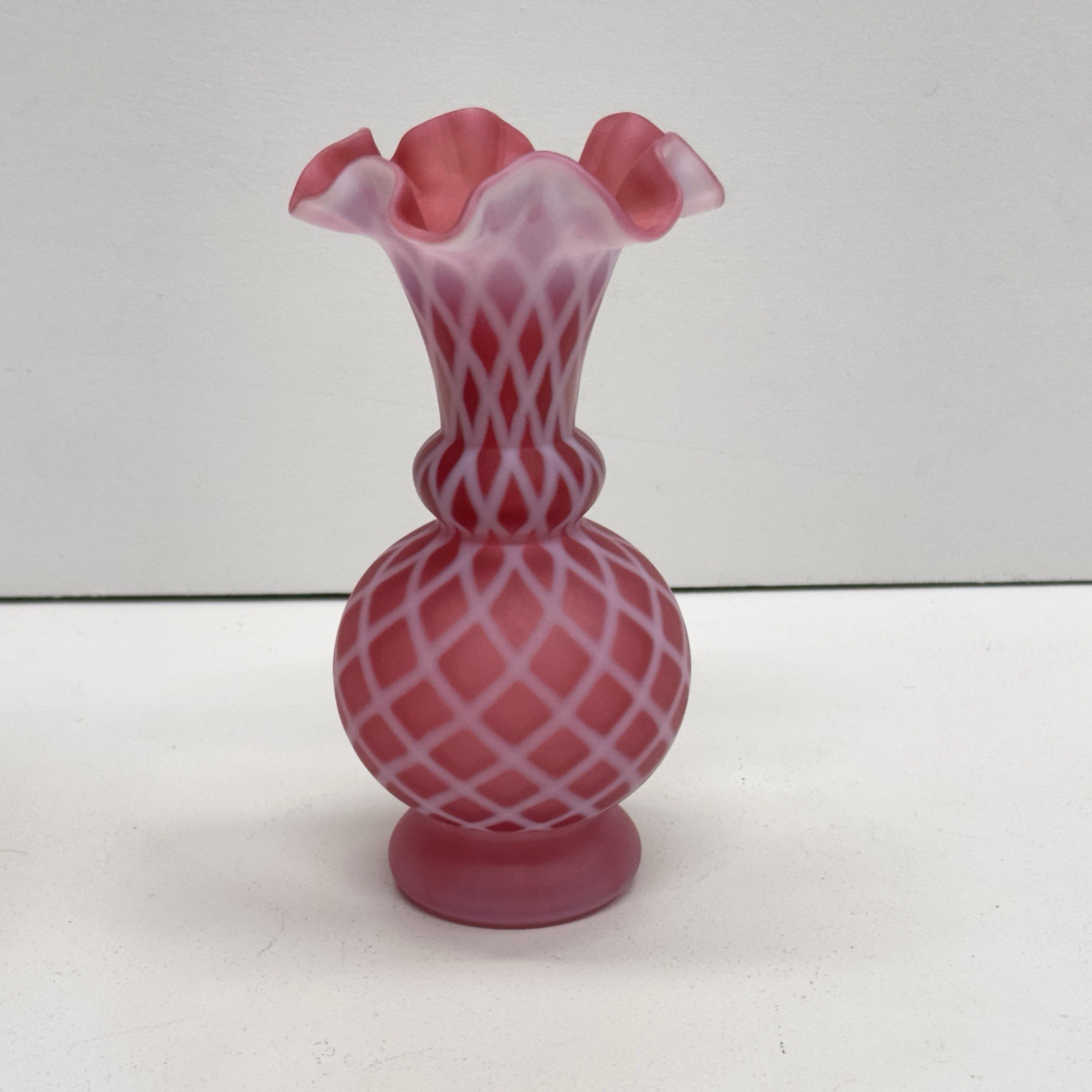 Vintage Fenton Cranberry Opalescent Satin Glass Vase Diamond Optic Ruffle