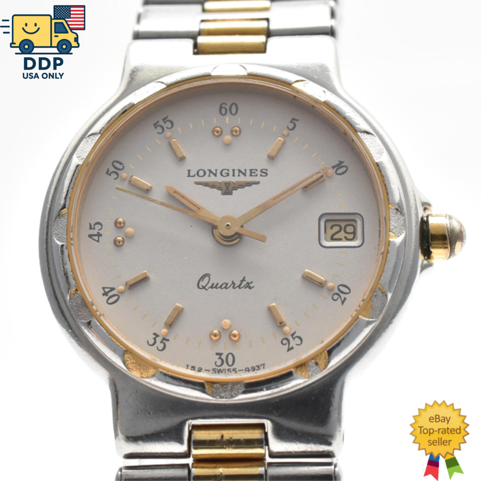 Longines Conquest Vintage Gold White Dial Date Quartz Women\'s Watch 24mm [Exc+4]