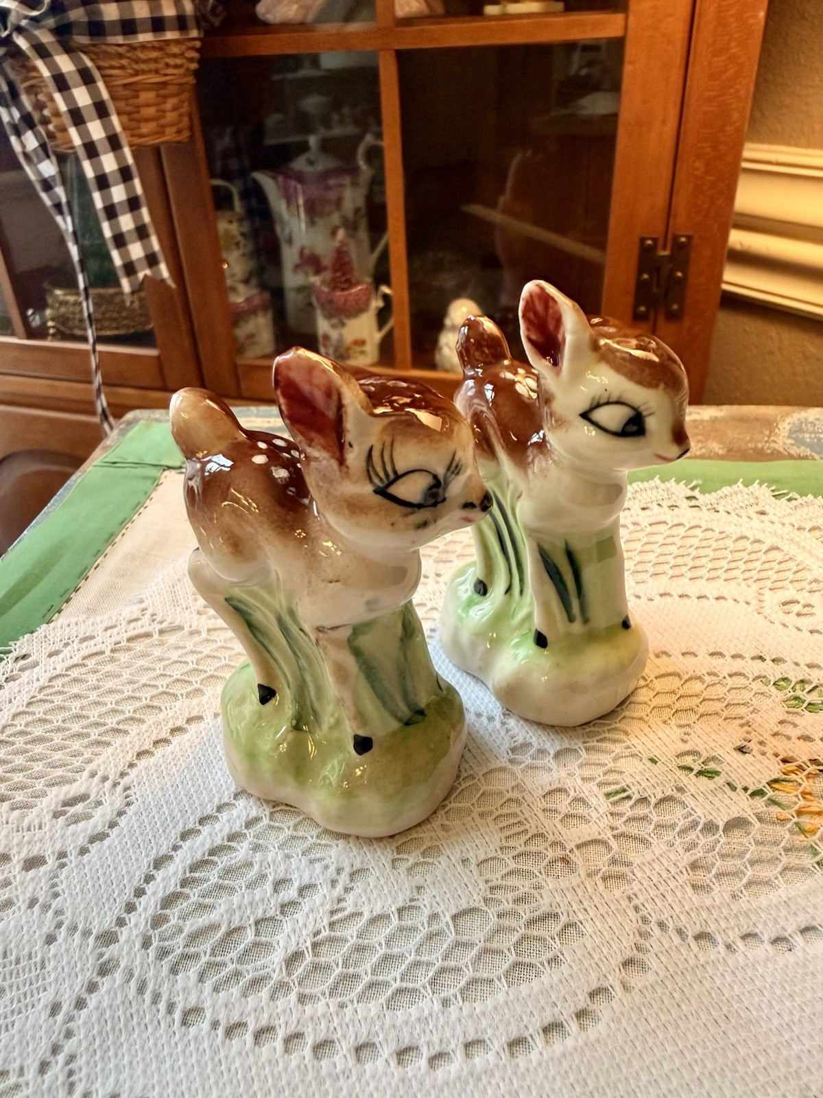 Vintage Ceramic Deer Fawn Salt & Pepper Shakers Japan Big Eyes Kitsch Set