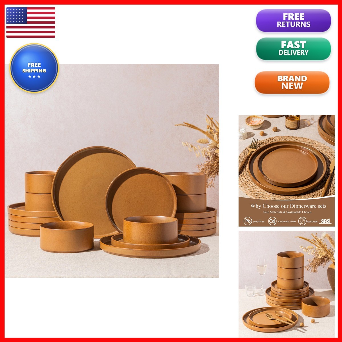 LERATIO Ceramic Dinnerware Set for 4 Stoneware Plates Bowls Caramel - Chip LERATIO Ceramic Dinnerware Set for 4 Stoneware Plates Bowls Caramel - Chip