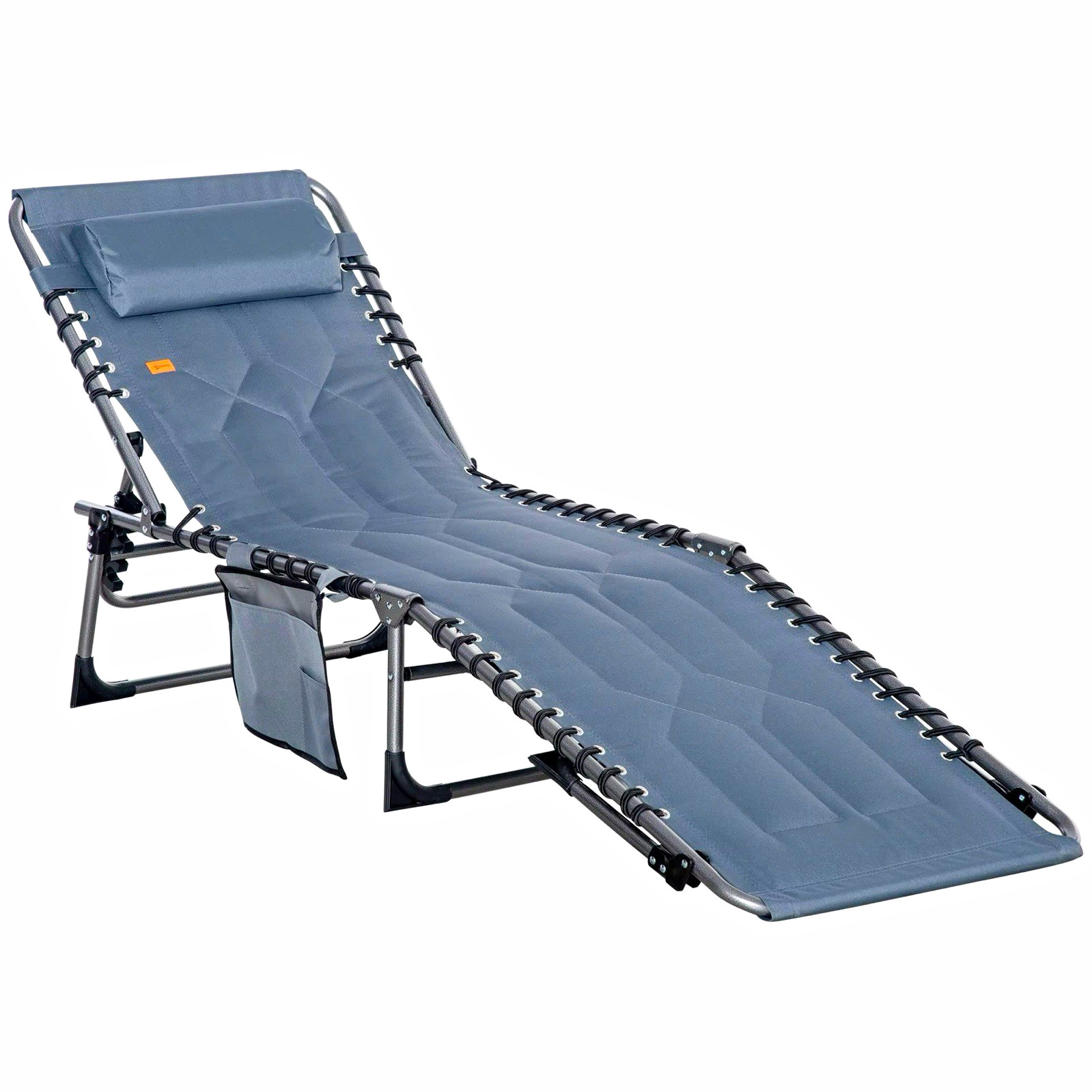 Gray Folding Adjustable Reclining Patio Lounge Chair w/ Detachable Pillow Pocket