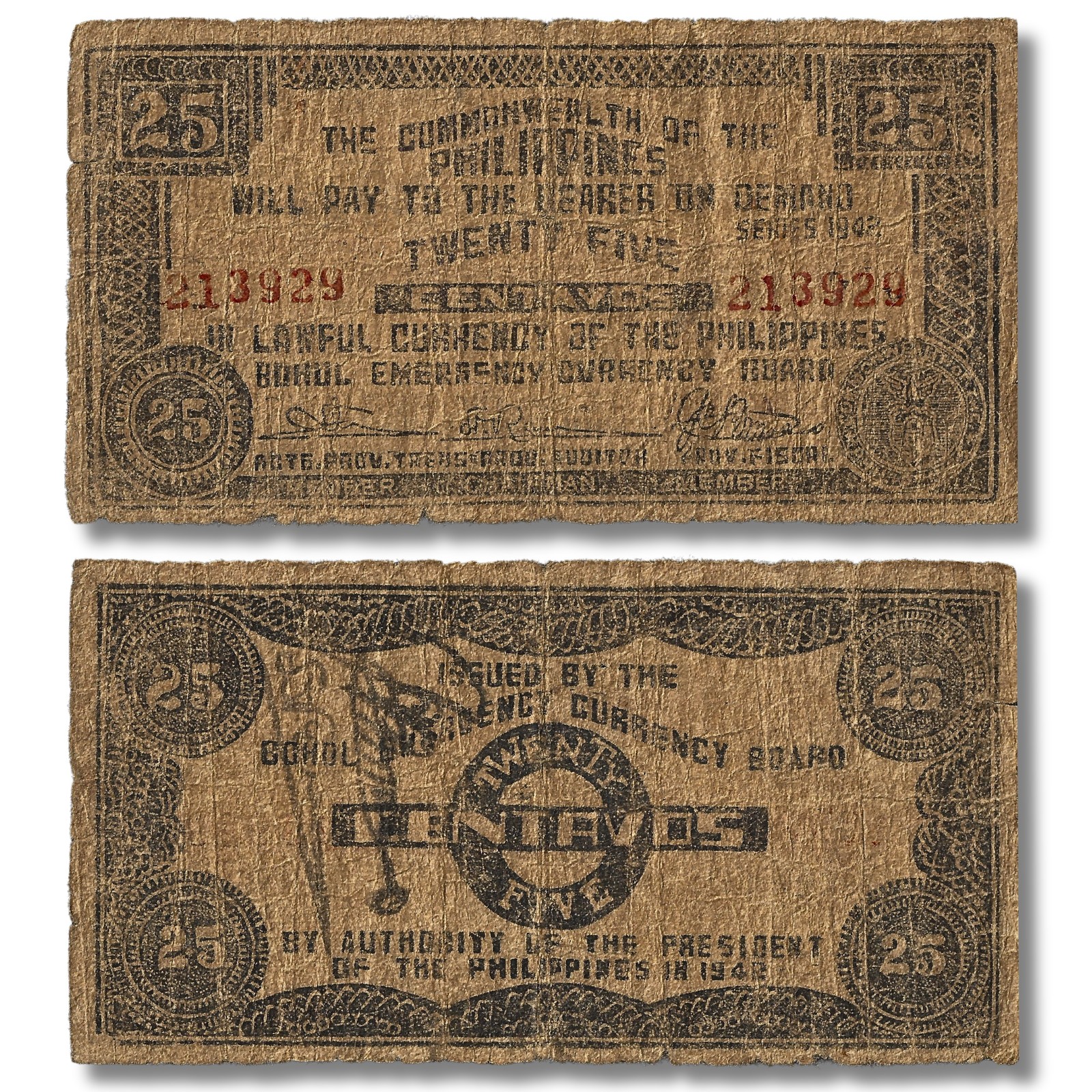 25 Centa Philippines Banknote F-VF P-s132 🇵🇭