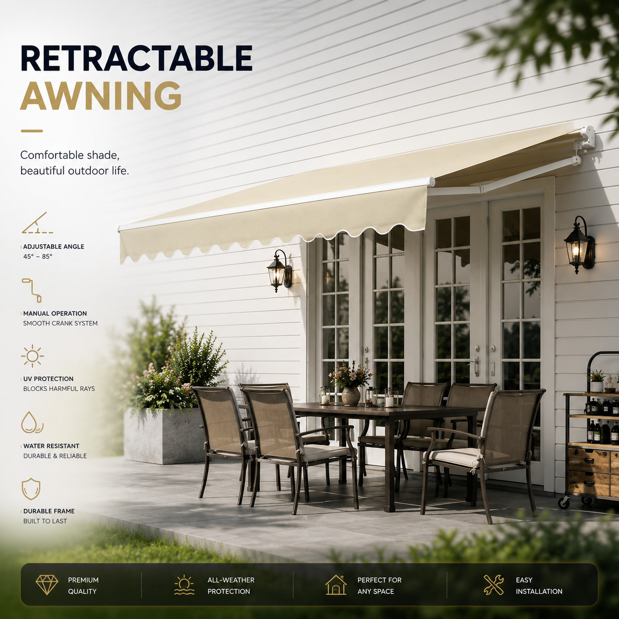 Heavy Duty BEIGE Retractable Patio Awning Weather Resistant Outdoor Shade Canopy