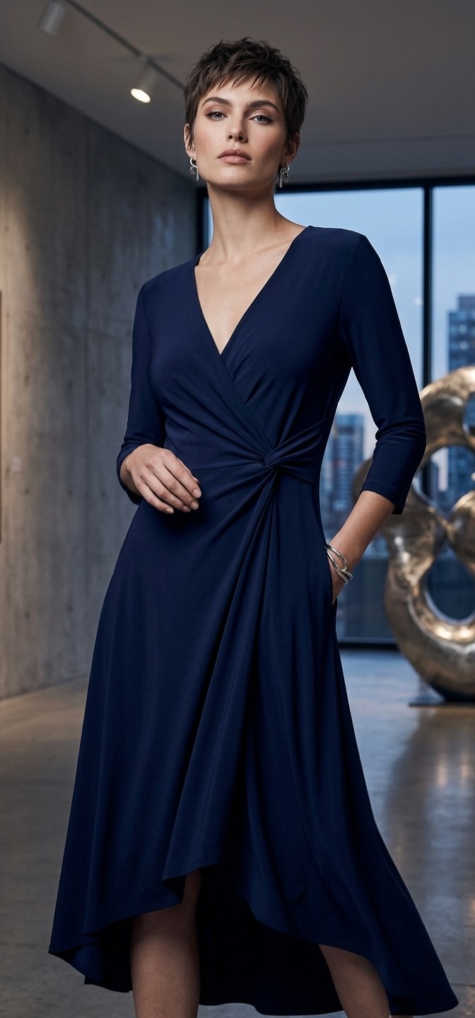 NWT Perceptions New York Navy Blue Faux-Wrap Midi Dress Size SMALL
