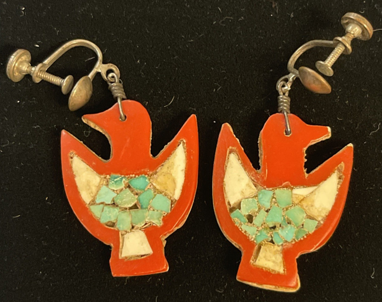 c.1930s Depression Era Santo Domingo Turquoise Thunderbird Battery Bead Earrings