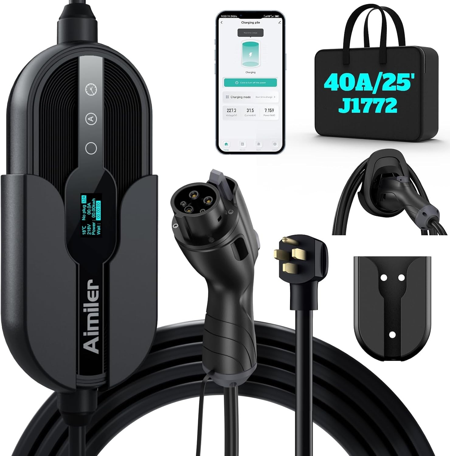 Level 2 Electric Vehicle (EV) Charger(WIFI APP/Plug-play), 40A, 25ft Cable ETL