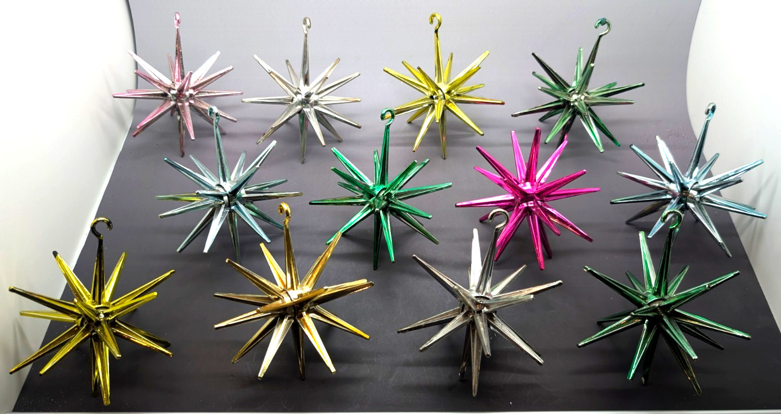 12pc Set Bradford Sputnik Plastic 1950s Ornaments VTG Green Pink Blue 4.5