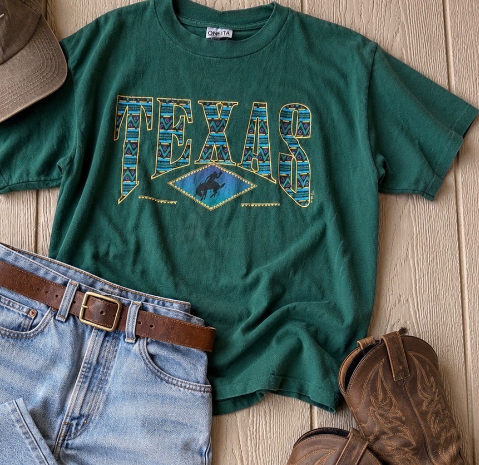 Vtg Oneita Texas Graphic Tee Made in USA Green Size Large