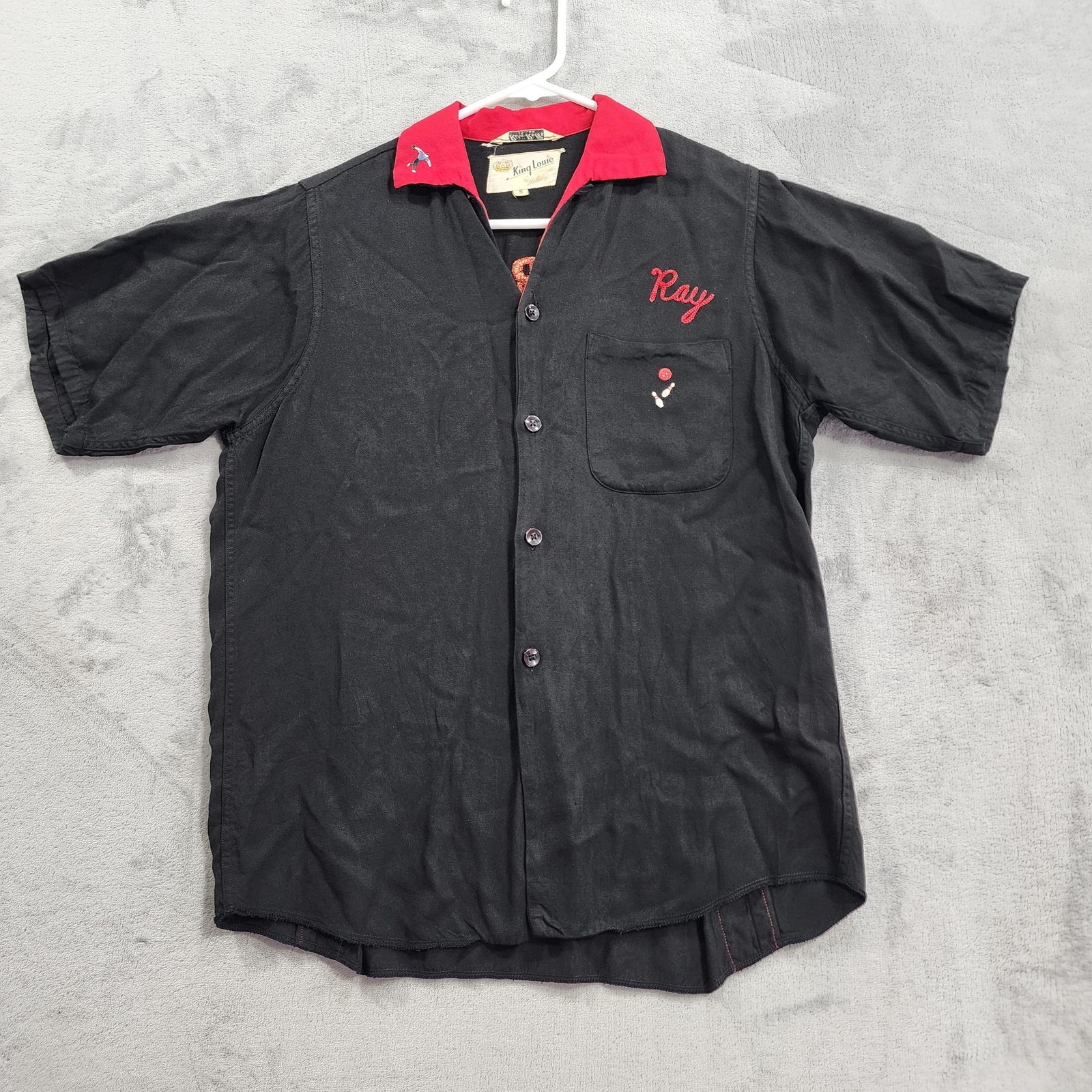 VTG 1950s King Louie Rayon Bowling Shirt Chainstitch Black Red Rite Roll Ray S
