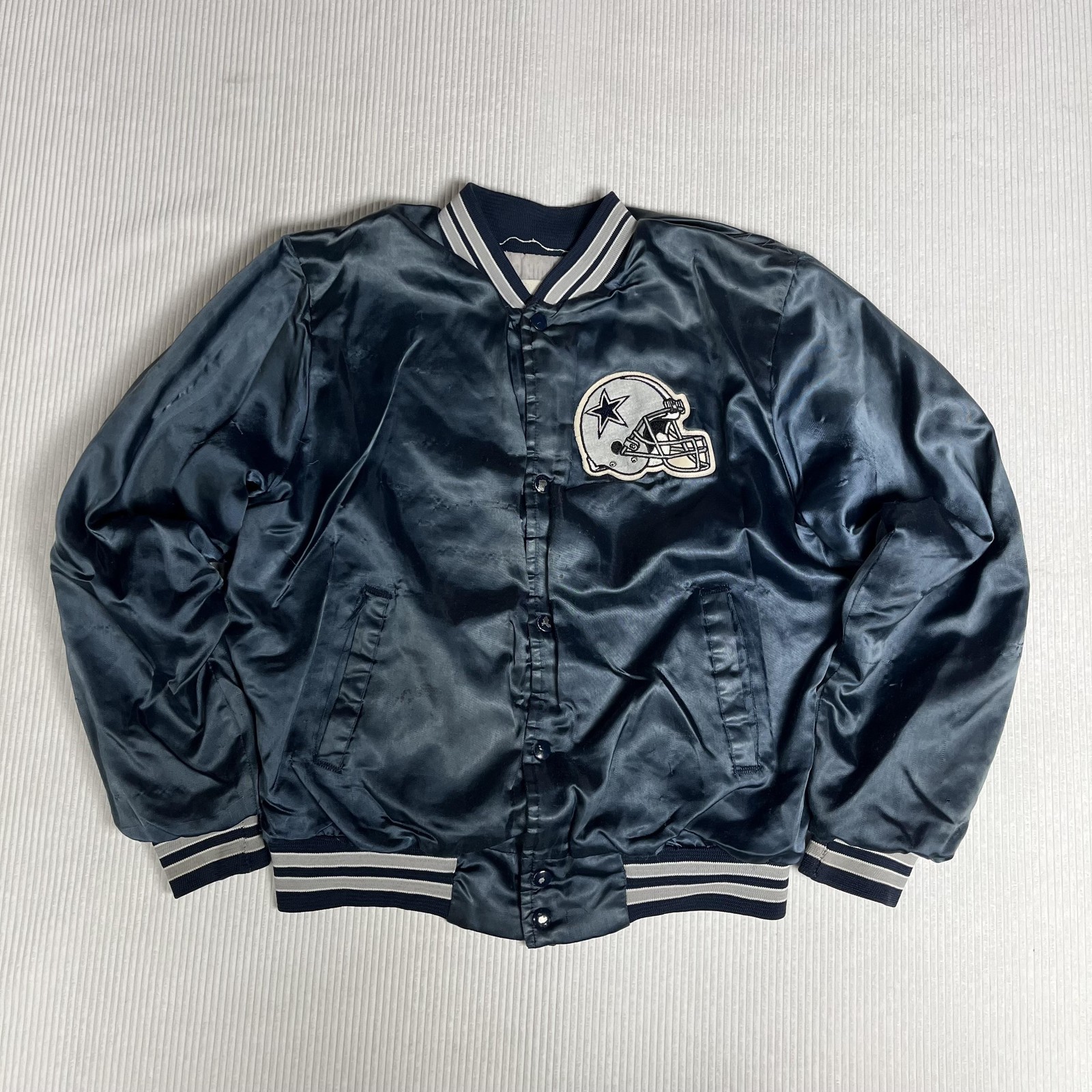 Vintage Dallas Cowboys Medium Blue Chalkline 80s NFL Satin Bomber Jacket 90s