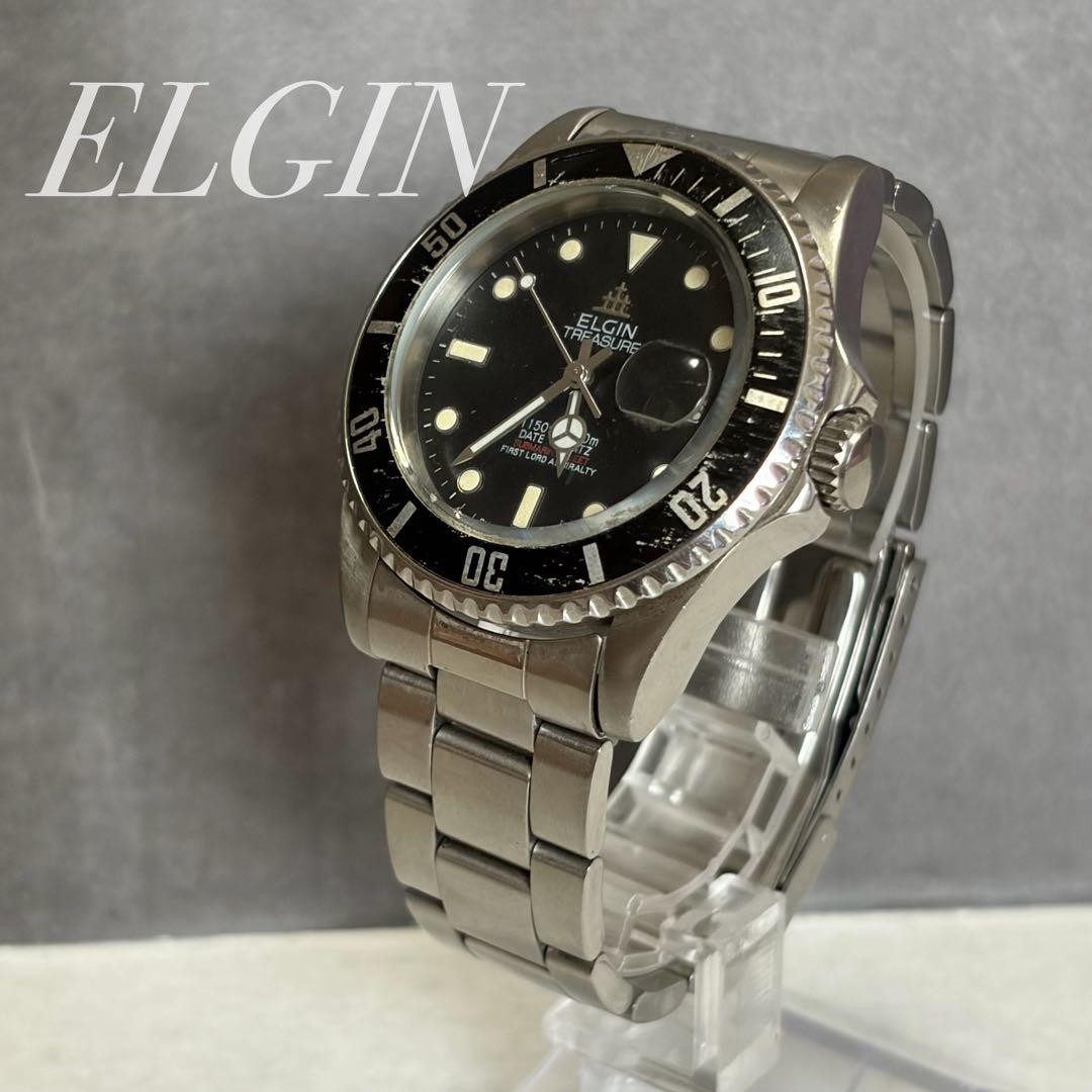 Vintage ELGIN Treasure Men\'s Quartz Diver Style Watch Black Dial Date Steel 38mm