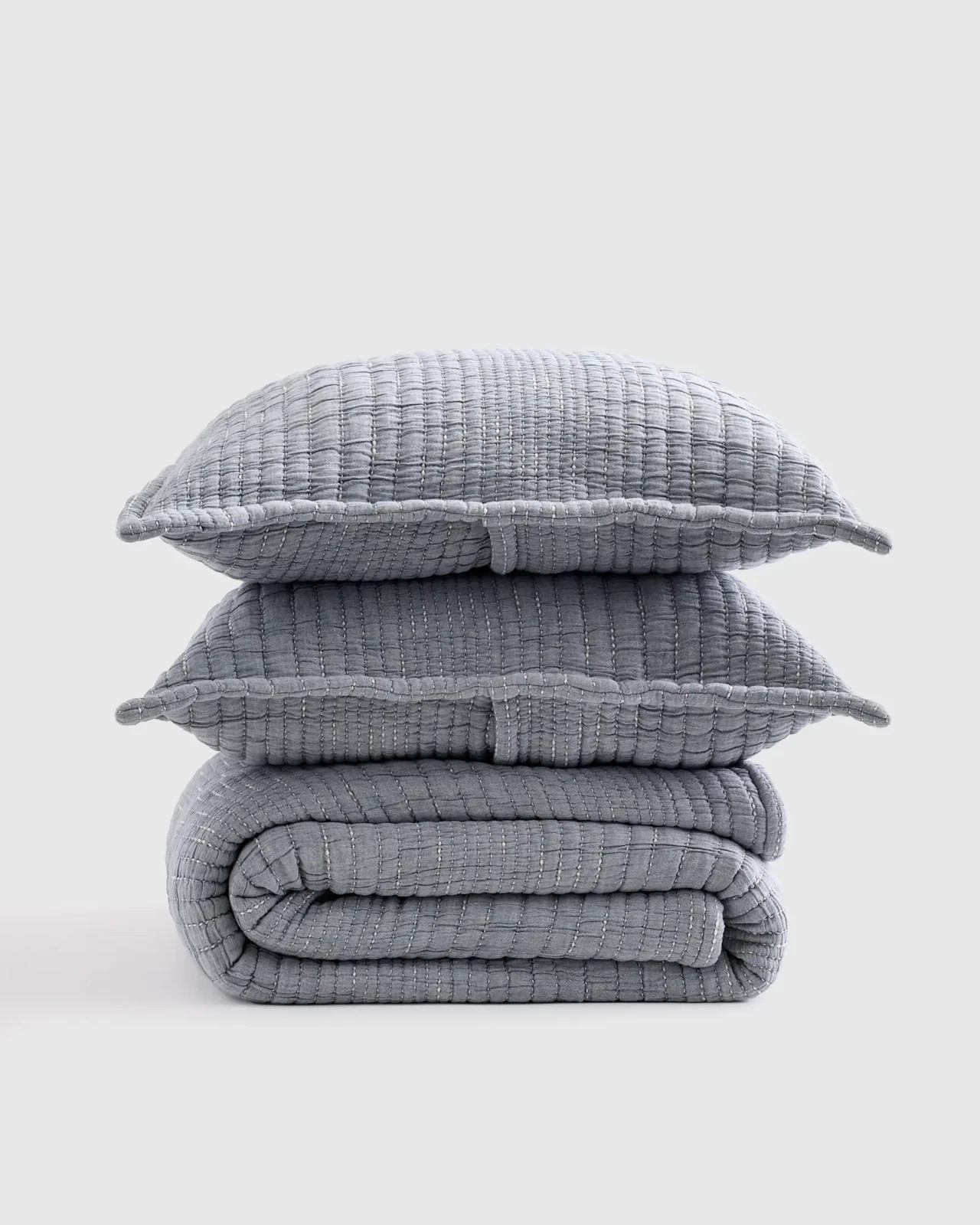 Quince 100% Organic Cotton Channel Stitch Coverlet Set, Blue, King/Cal King NWOT