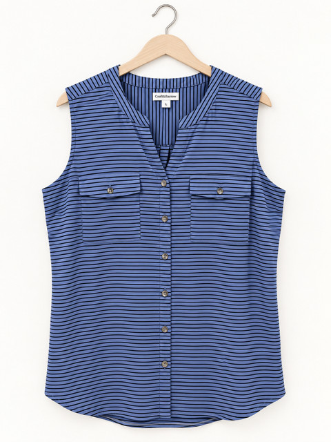Croft & Barrow Women\'s Blue & Black Striped Sleeveless Blouse - L - New With Tag Croft & Barrow Women\'s Blue & Black Striped Sleeveless Blouse - L - New With Tag