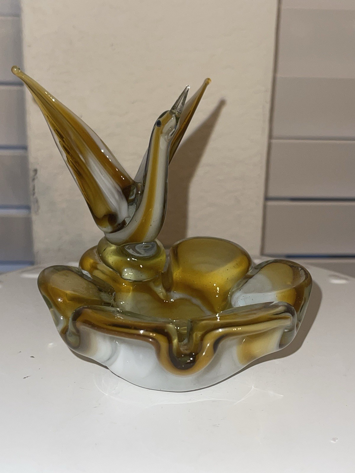 Vintage Murano-style Amber and Brown Handblown Glass Swan Ashtray Art Glass