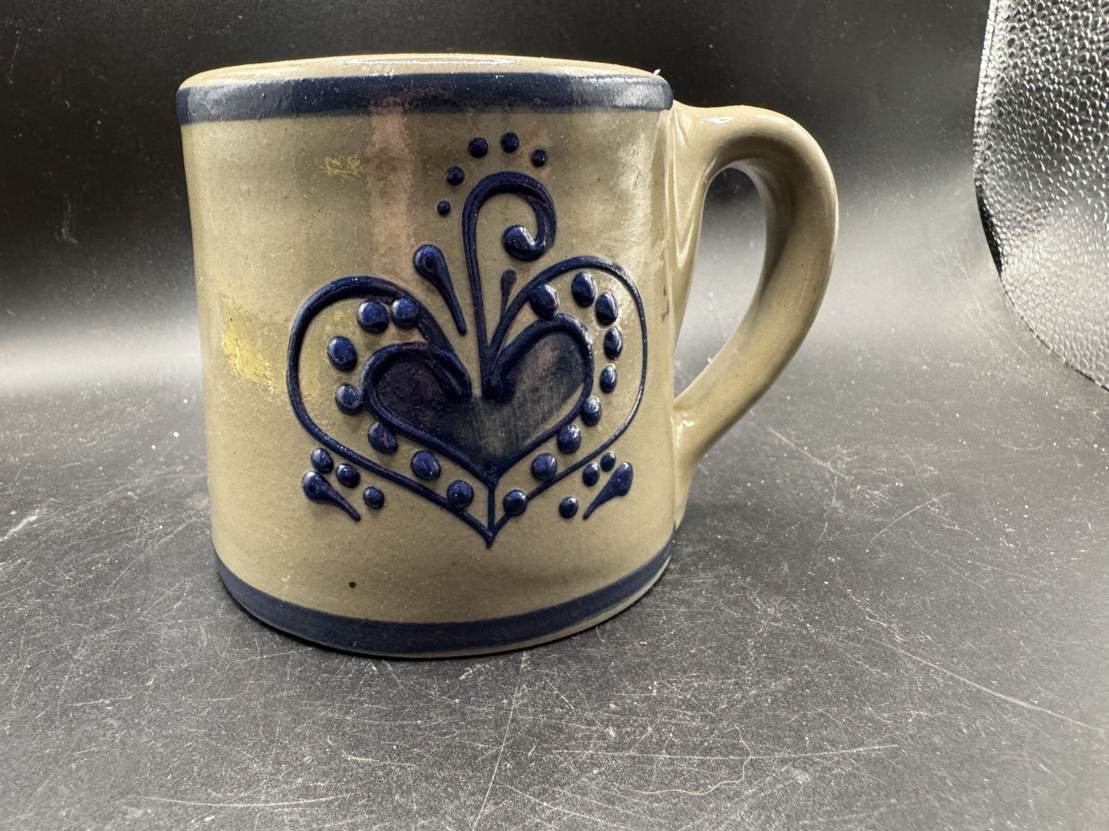 Vintage BBP 1994 Blue Salt Glaze Stoneware Mug Heart Cobal Blue Crock Cup