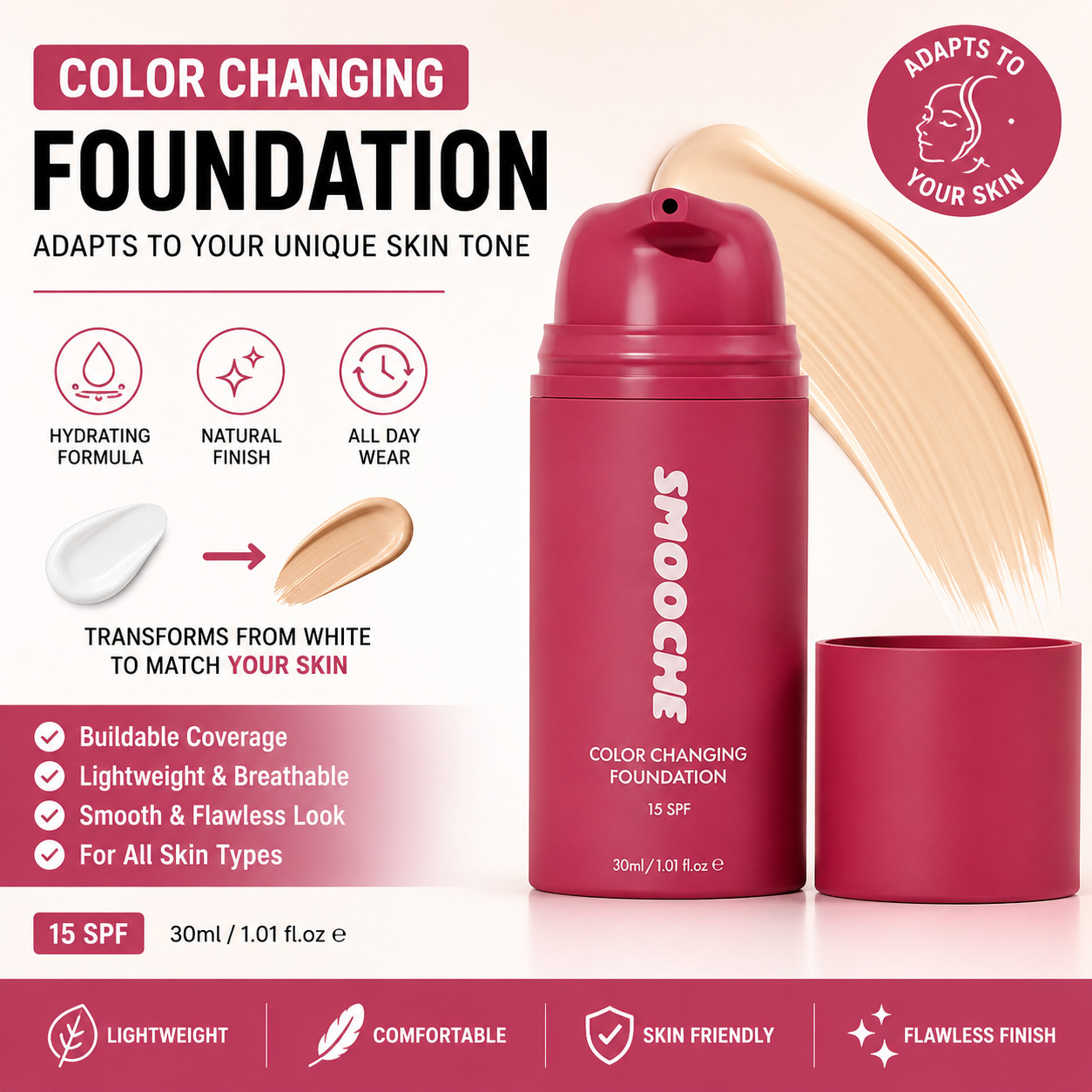 SMOOCHE Color Changing Foundation 30ml – Self Adjusting Natural Coverage Makeup