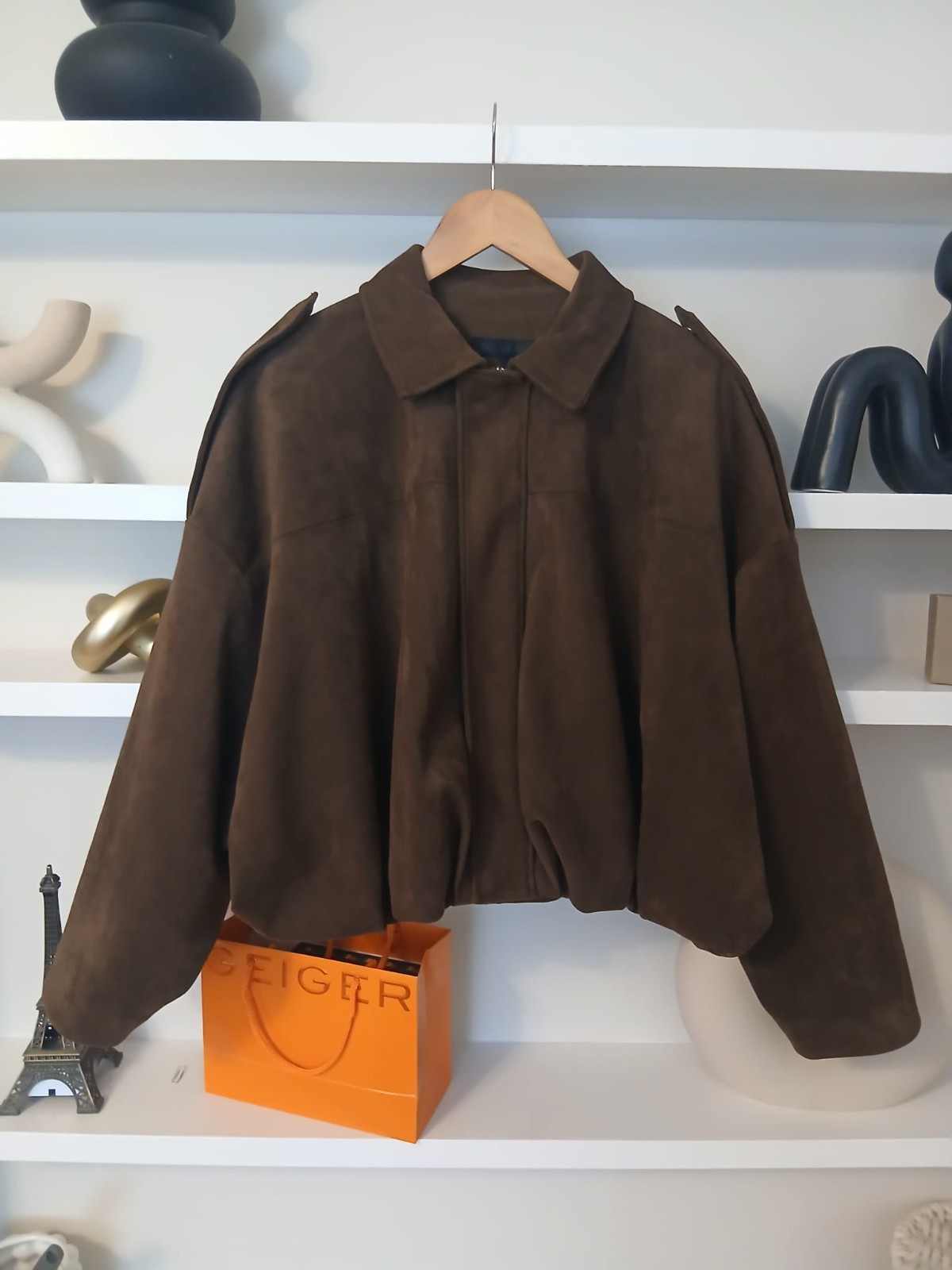 Viral Zara Suede Effect Bomber Jacket Dark Brown M - Oversized S