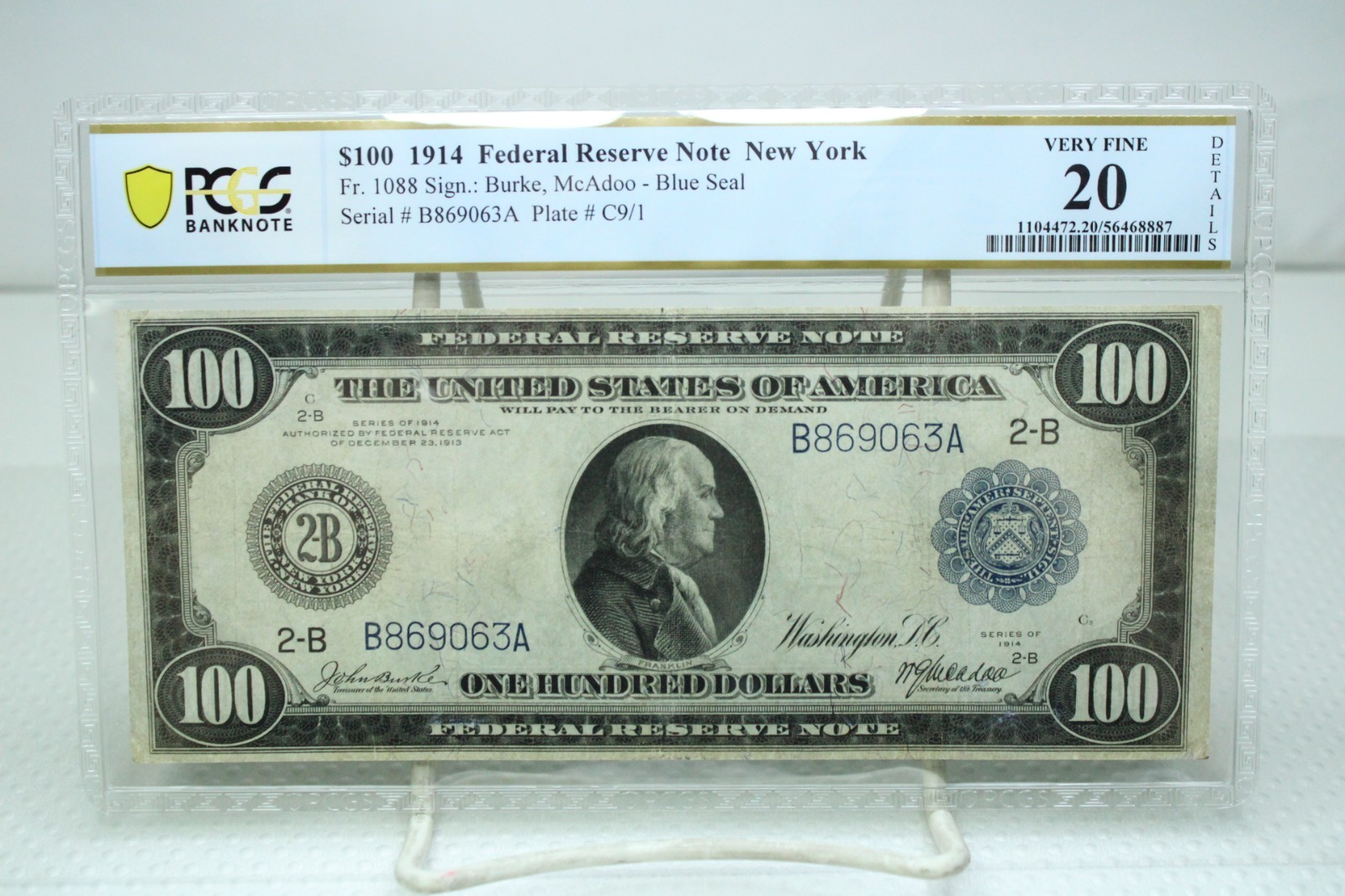 1914 $100 Federal Reserve Note New York Fr.1088 PCGS VF20 Detail #8887