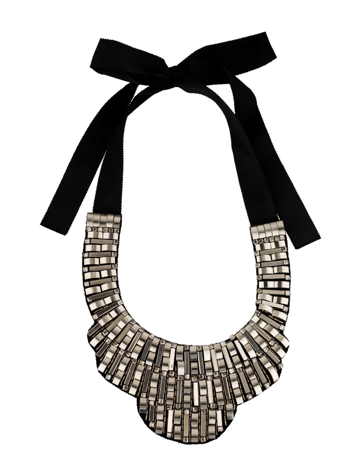 Oscar de la Renta Chrome Crystal Statement Bib Collar Necklace Grosgrain Runway