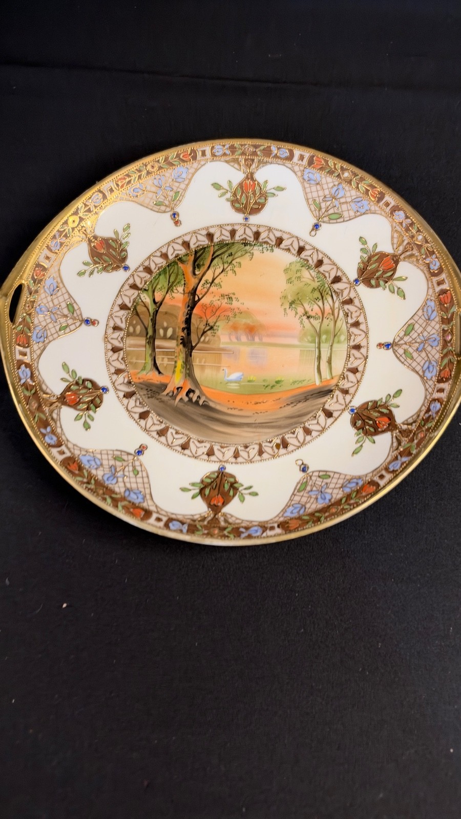 Antique Nippon Hand Painted Enamel and Raised Gold Moriage Serving Plate Antique Nippon Hand Painted Enamel and Raised Gold Moriage Serving Plate