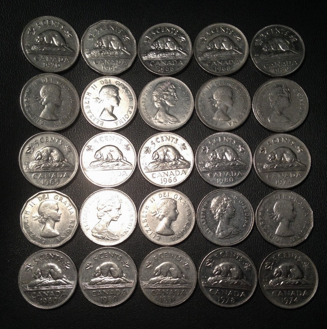 Old Canadian Nickel Lot - 25 Coins - 1955-1981 - PURE NICKEL - 