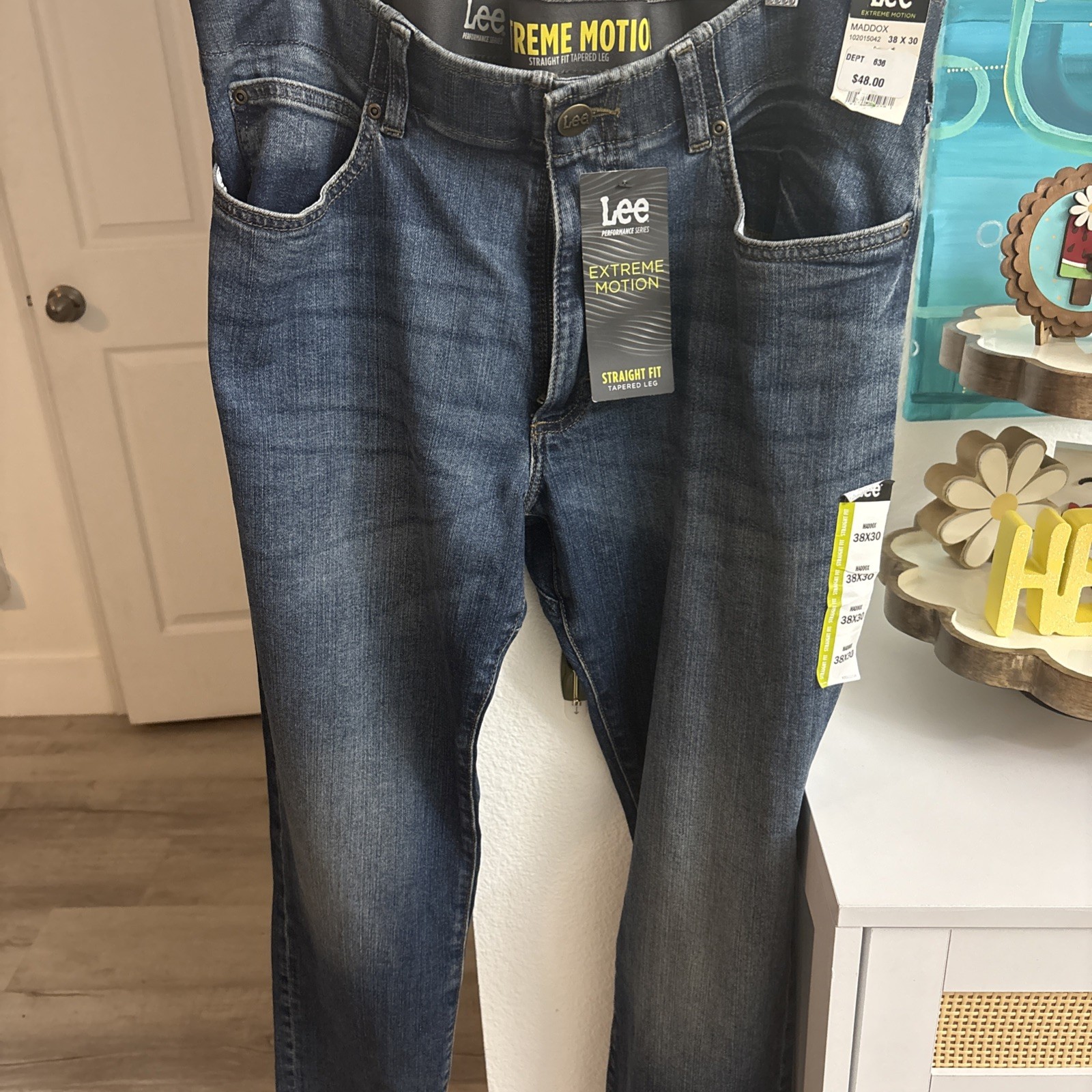 New Lee Extreme Motion Straight Fit Tapered Leg Jeans 38x30 Blue Denim Stretch