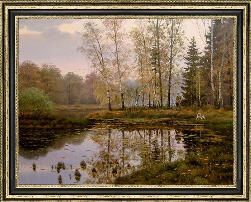Hand-painted oil painting art Autumn Birch Forest Lake Landscap on canvas 30X40\