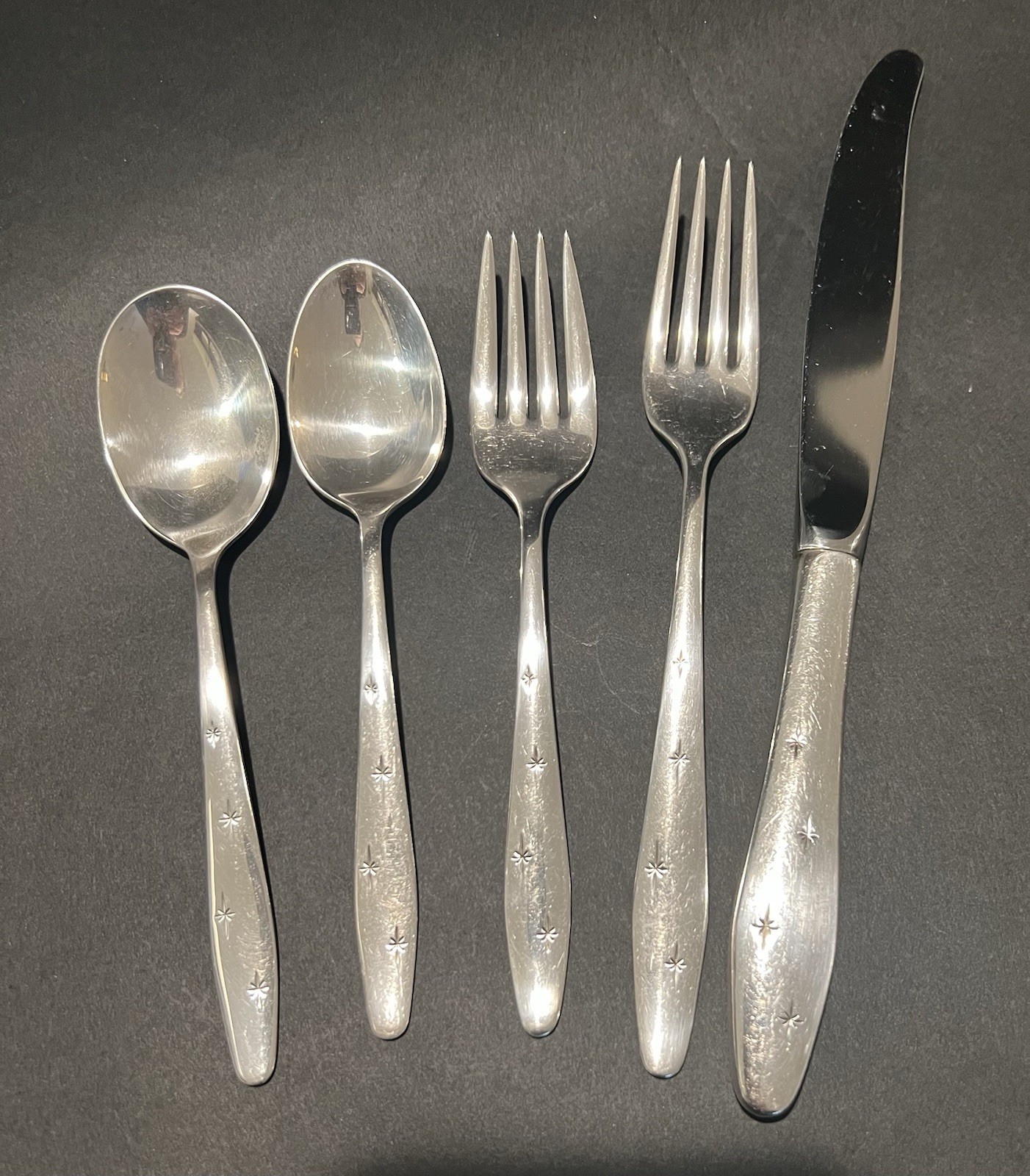 DAWN STAR 5 Piece Place Setting Wallace Sterling Sterling Flatware MCM Starburst DAWN STAR 5 Piece Place Setting Wallace Sterling Sterling Flatware MCM Starburst