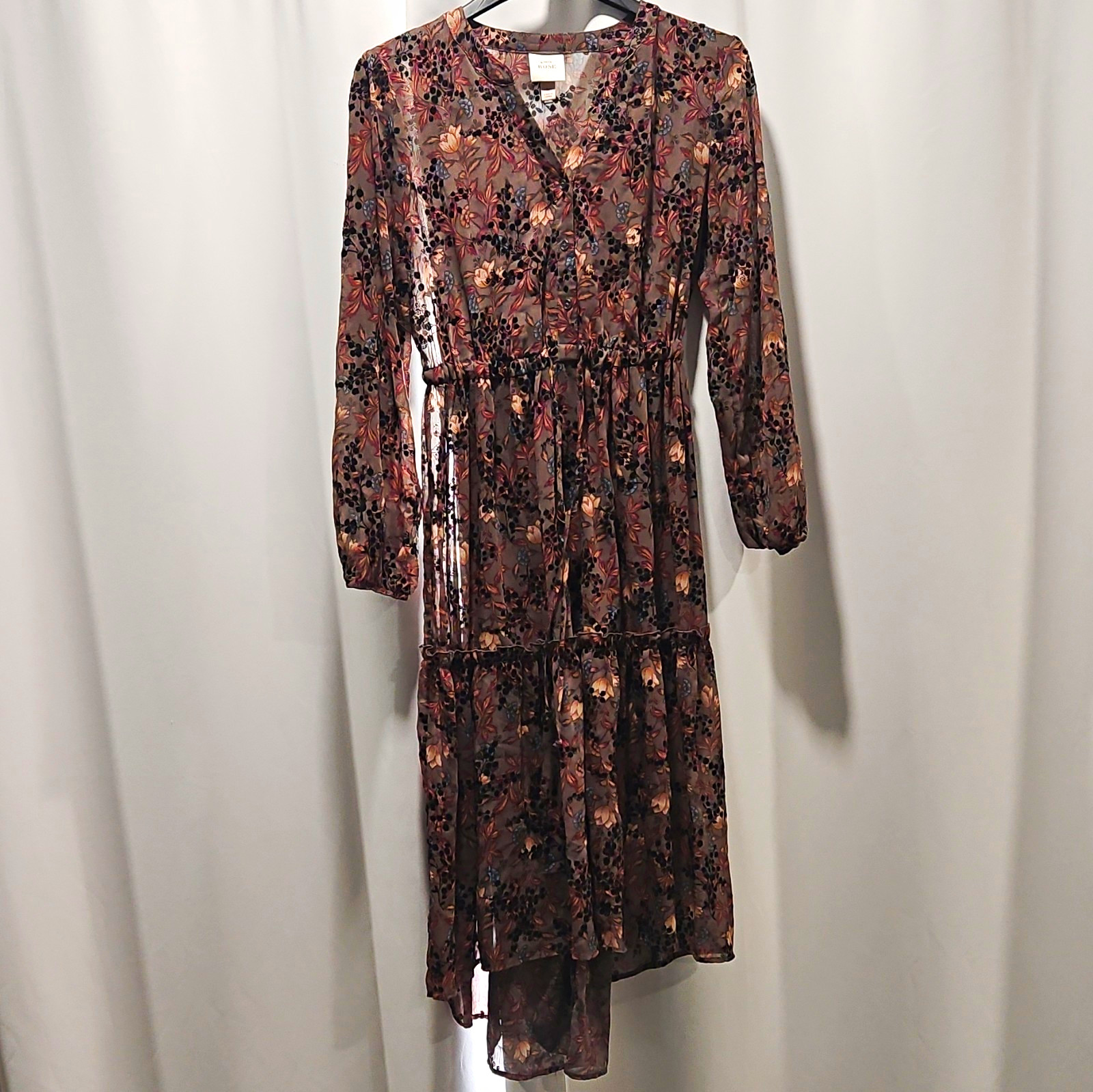 Knox Rose Women\'s Size S Floral V-Neck A-Line Midi Dress Chiffon Tie Buttons