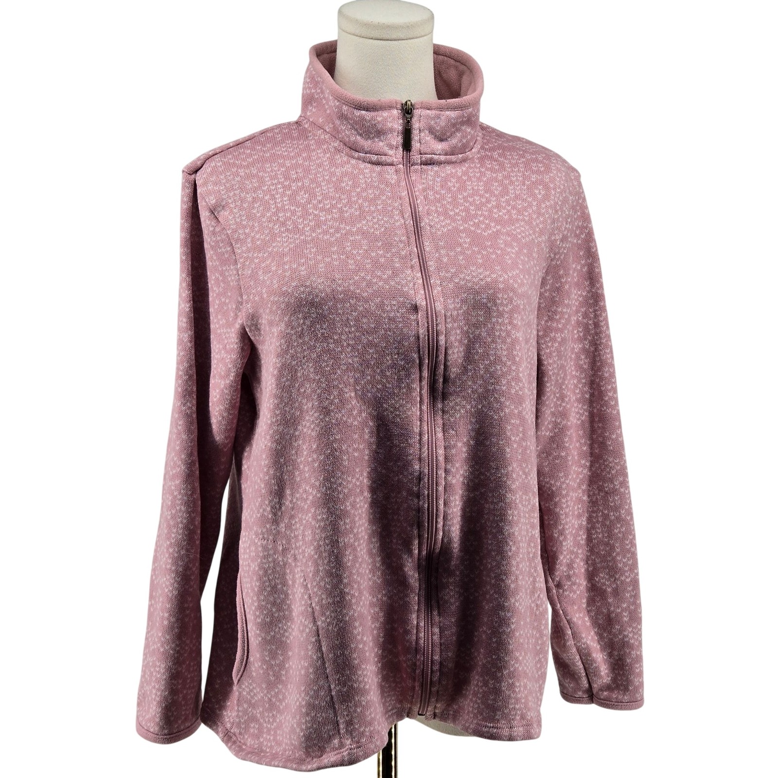Stan Herman Sweatshirt Womens L Pink Full Zip Pockets Lined Mock Neck Fair Isle