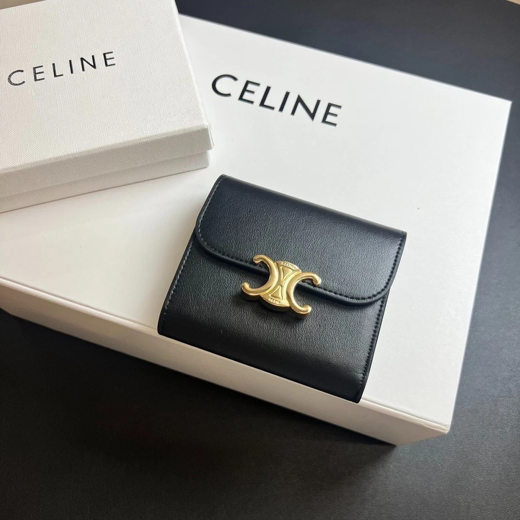 Celine Triomphe Black Leather Trifold Wallet Gold Buckle Compact Card Holder