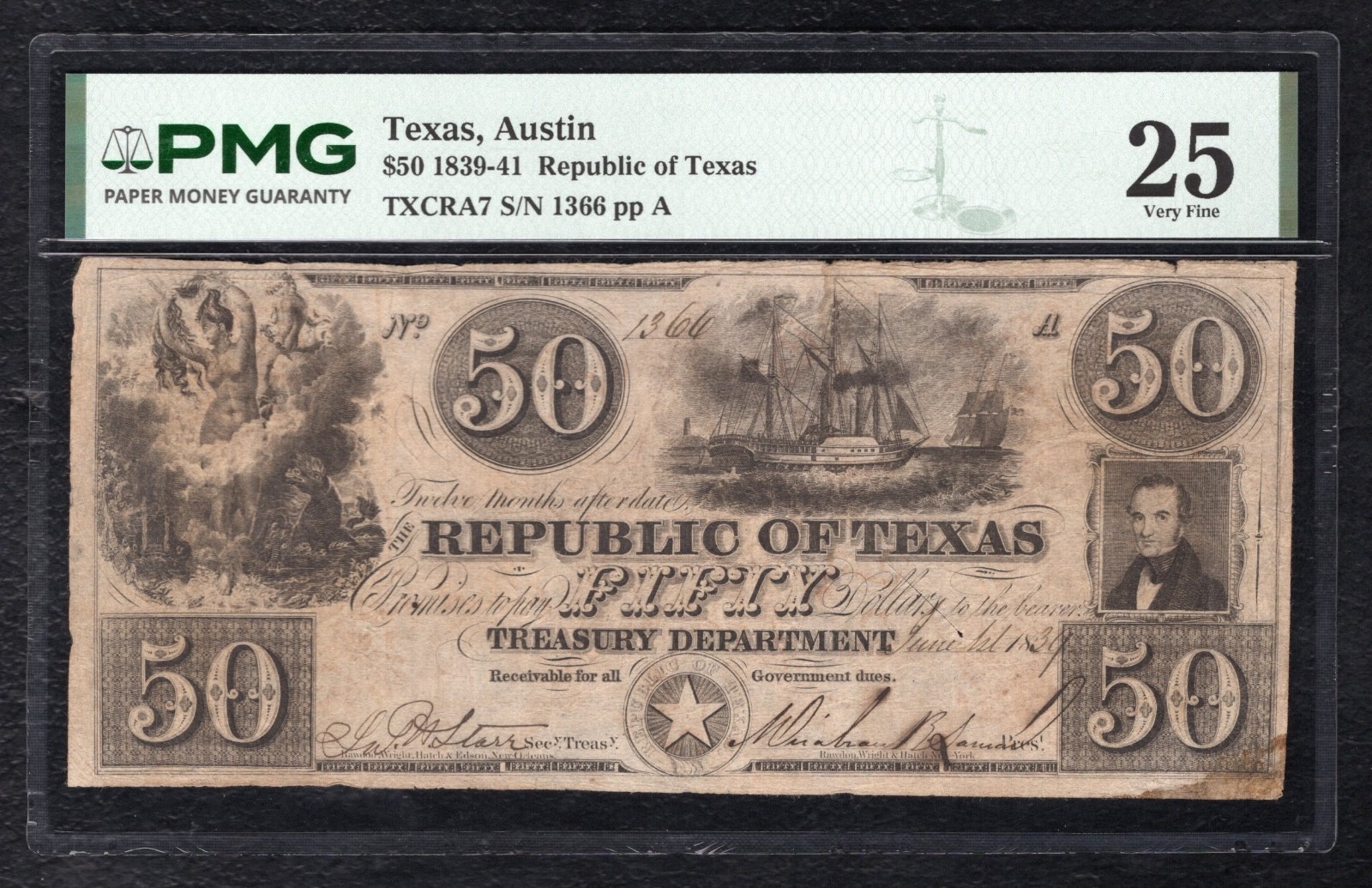 1839-41 $50 THE REPUBLIC OF TEXAS AUSTIN, TX OBSOLETE NOTE PMG VERY FINE-25 1839-41 $50 THE REPUBLIC OF TEXAS AUSTIN, TX OBSOLETE NOTE PMG VERY FINE-25