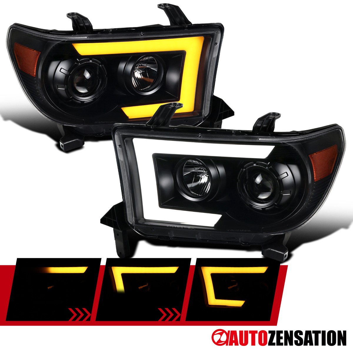 Fit 2007-2013 Toyota Tundra Sequoia Black Projector Headlights LED Sequential Fit 2007-2013 Toyota Tundra Sequoia Black Projector Headlights LED Sequential